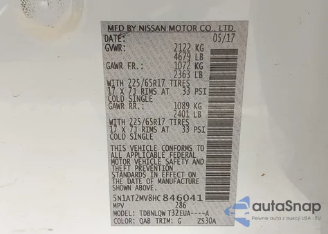 2017 Nissan Rogue Sv from USA, damaged, VIN 5N1AT2MV8HC846041